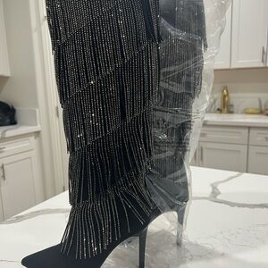 INC Black Fringe Stiletto Boots with Silver Accents